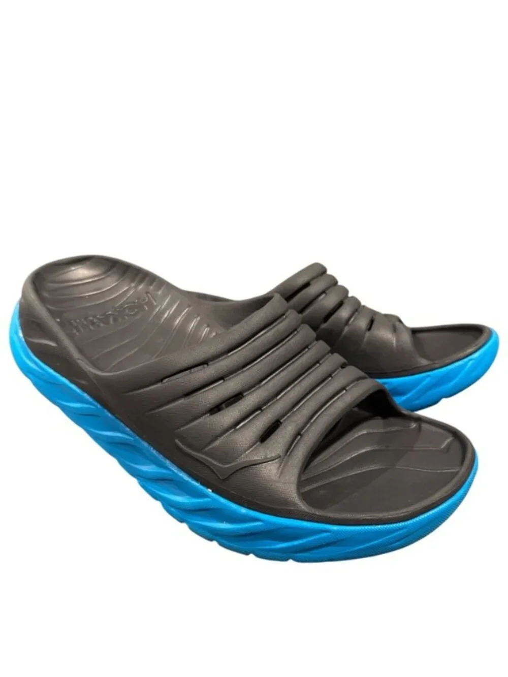 HOKA ONE ONE Ora Recovery Slides Men’s 9 Women’s 11 Black Blue Comfort Sandals